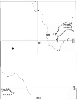 Fig.  2.  Positions of  sightings of  fin  whales  (e)  made  from  &#34;Song  of  the  Whale&#34;  during  May  1990,  between the  main  island of Madeira and the island  of Porto Santo