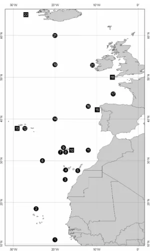 Fig. 1.  Positions and number of the samples compared  in  the  text  and  table  1.  Circles  -  positions  of  net  sampling