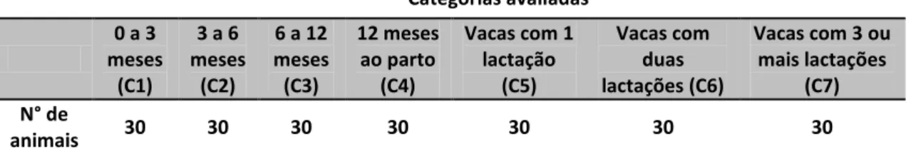 Tabela 1  – Distribuição do número de animais avaliados por cada categoria estudada em uma 