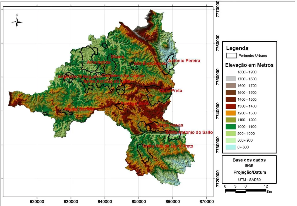 FIGURA 21 - Modelo Digital de Elevação a partir de dados das cartas topográficas do IBGE na escala de 1:50.000 
