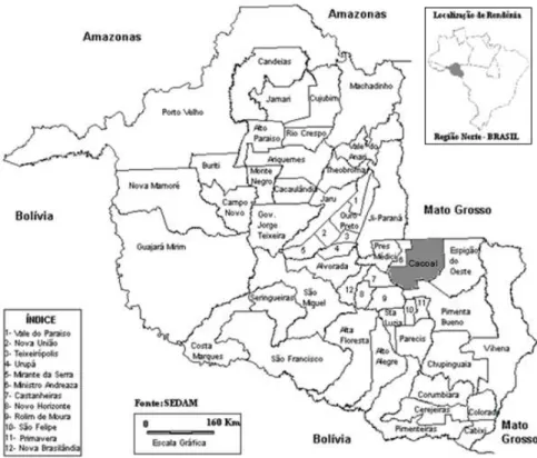 Figura 3. Mapa de Rondônia. Em destaque a comunidade em estudo. (Fonte: SEDAM/RO) 