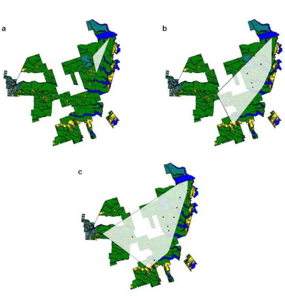 Figura 6:  Sobreposição da área utilizada pelos machos CRG (a) e Po06 (b), entre  julho de 2012 e janeiro de 2013, e área utilizada pelo macho VDR (c), entre junho de  2005  e  junho de 2006, na Reserva Natural Vale (Linhares / ES)