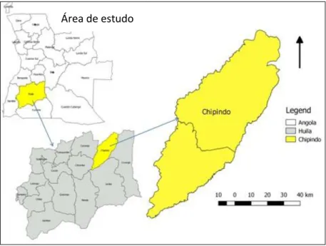 Figura 2 – Localização da área de estudo em Angola, com destaque para a província da Huíla,  destacando-se nesta o município de Chipindo (Fonte própria)