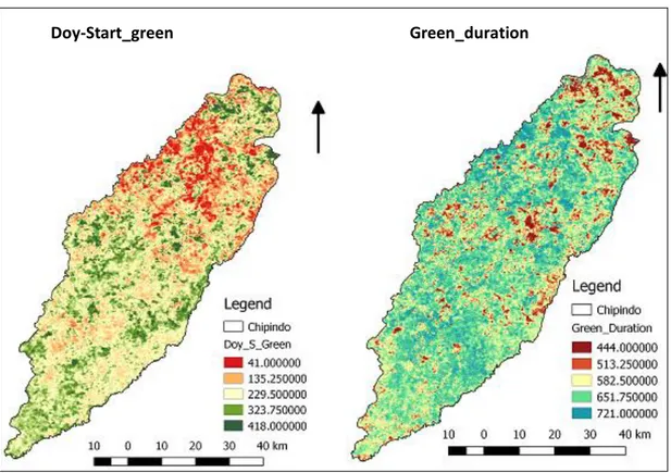 Figura 9 – Mapas obtidos para a distribuição dos indicadores fenológicos Doy-Start_green  e  Green_duration, do estado da vegetação no município de Chipindo