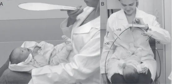 Figura 1 A: Posic¸ão do recém-nascido e do pesquisador durante experimento. Os recém-nascidos foram posicionados em supino sobre o colo do pesquisador e o estímulo foi apresentado a 0,25 m de distância do bebê