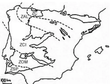 Figura 3 – Zonas paleogeográficas e tectónicas do Maciço Ibérico segundo Lotze (1945), modificado