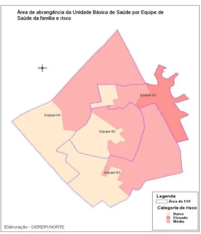FIGURA 4 – Área de abrangência da UBS por equipes de Saúde da Família e risco.  Fonte: GEREPI-NORTE, 2005