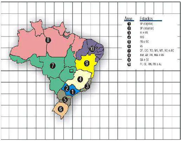 Figura  &lt;SEQ&gt;  -  Áreas  de  prestação  de  SMC  no  Brasil  para  a  Banda  B.  Fonte:  Norma Geral de Telecomunicações NGT nº 20/96