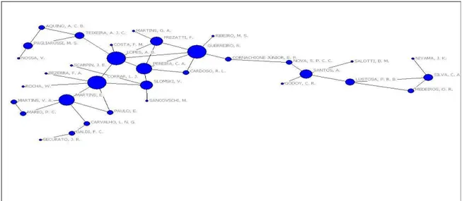 Figura 8 - Componente principal da rede de coautoria entre os docentes – 2005-2007  Fonte: Resultados da pesquisa