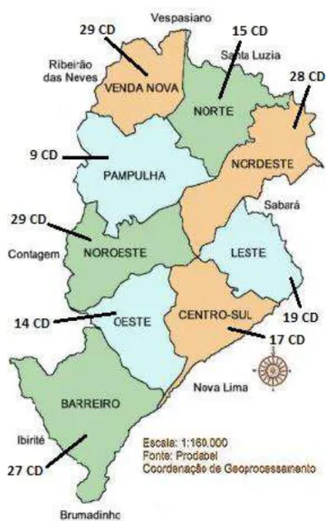 Figura 3: Mapa do número de cirurgiões-dentistas participantes (CD) por distrito sanitário do município de Belo 