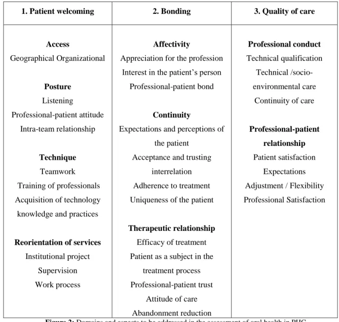 Figure 2: Domains and aspects to be addressed in the assessment of oral health in PHC