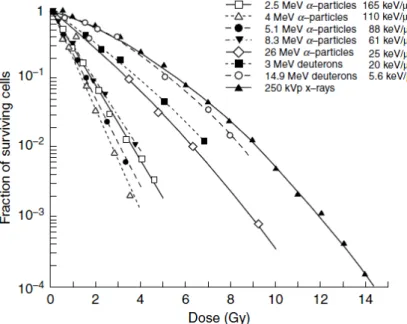Figure 2.2: Cell survival curves as a function of the dose for di ff erent kind of particles and energies [18].