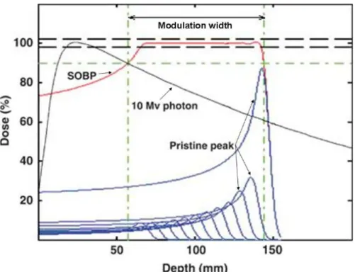 Figure 2.3: Dose plotted over depth for an ion beam with different energies. A Spread out Bragg peak is created by having particles with varying range hitting our target