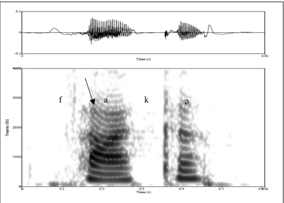FIGURA 9 - Oscilograma e espectrograma da vogal [a] na palavra [ fak], participante 6 do  grupo controle