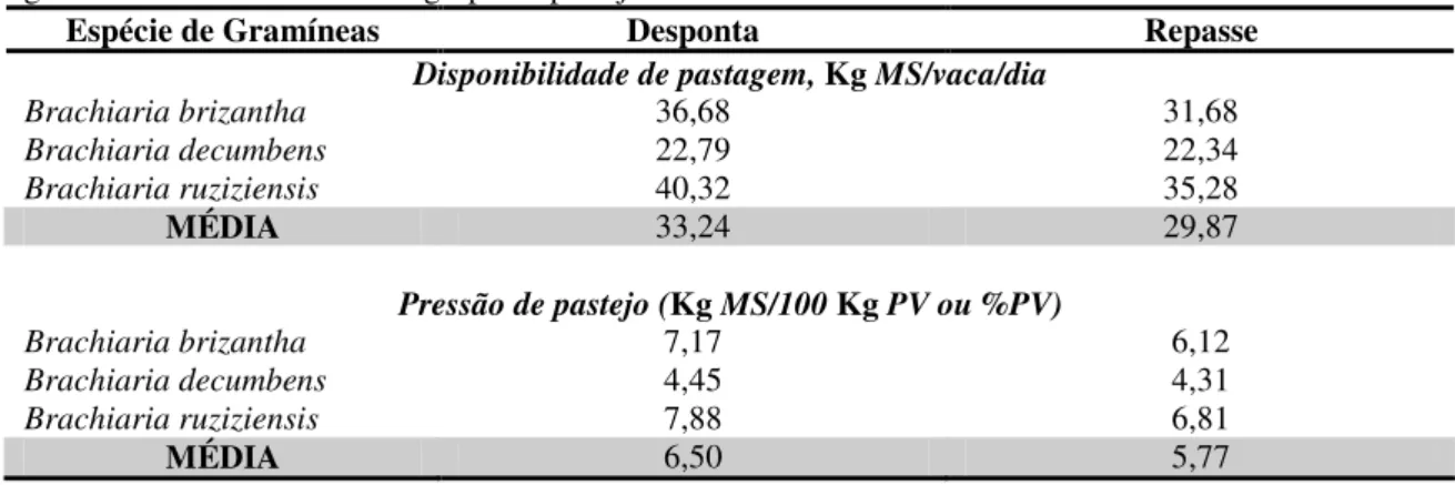 Tabela  12:  Valores  médios  para  disponibilidade  de  matéria  seca  de  pastagem  por  animal  (Kg  MS/vaca/dia),  estimativa  da  pressão  de  pastejo  média  e  respectivas  médias  ponderadas  de  diferentes  gramíneas na entrada de cada grupo de pastejo  