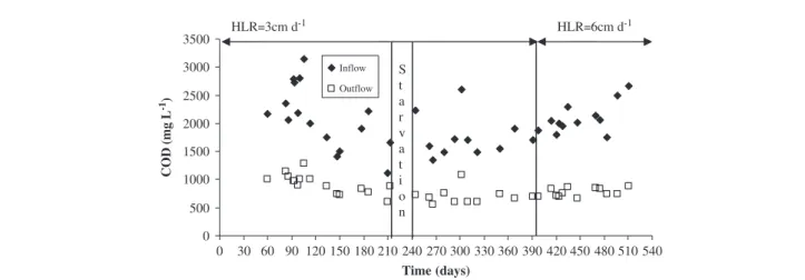 Fig. 2 shows, as an example, the pattern of COD removal during the system operation at the two HLRs for the P