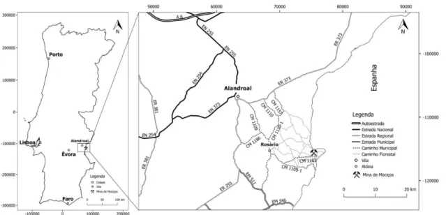 Figura 1.2 - Localização geográfica da mina de Mociços e respetiva rede viária simplificada (Sistema de Coordenadas PT- PT-TM06/ETRS89)