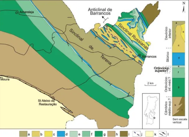 Figura  1.5  -  Sequência  estratigráfica  geral  do  setor  de  Estremoz-Barrancos (adaptado de Oliveira et al., 1991)