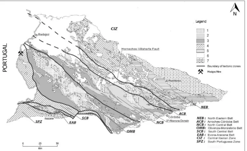 Figura 1.12 - Mapa geológico simplificado da ZOM em território Espanhol, com as faixas com potencial mineiro (adaptado de Tornos et al., 2004)
