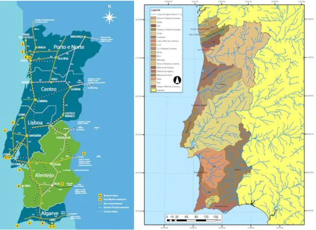Figura 2.1 – À esquerda: Localização da região do Alentejo; à direita: Bacias Hidrográficas de  Portugal Continental