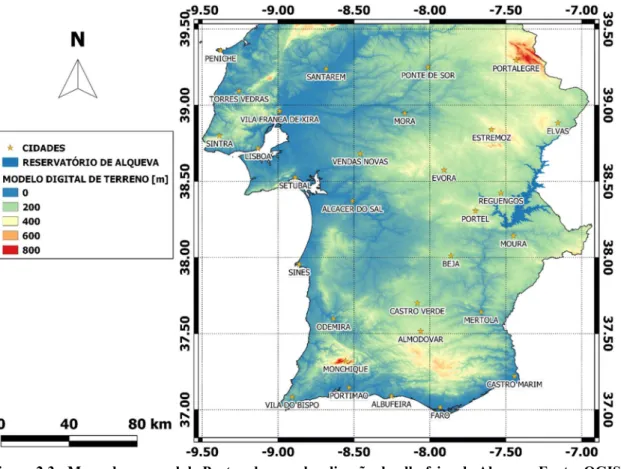 Figura 2.3 - Mapa da zona sul de Portugal com a localização da albufeira de Alqueva. Fonte: QGIS 