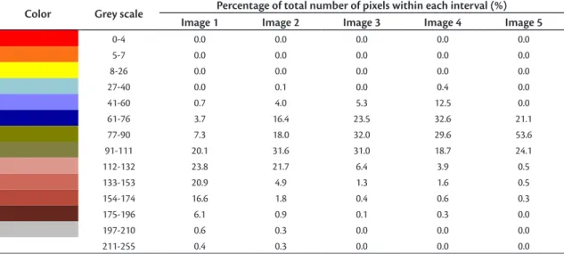 Table 1. Percentages of total number of pixels in each grey scale brightness interval for ive photographic images of a diabetic foot