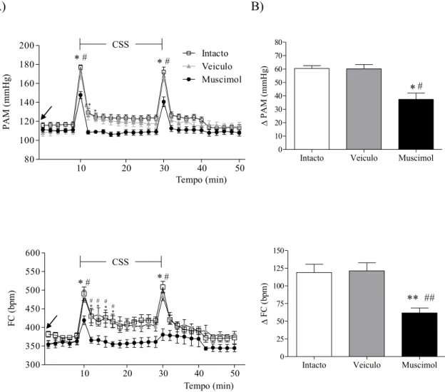 Figura  8.  Efeito  da  microinjeção  de  muscimol  no  HDM  sobre  parâmetros  cardiovasculares  de  ratos  submetidos  ao  CSS