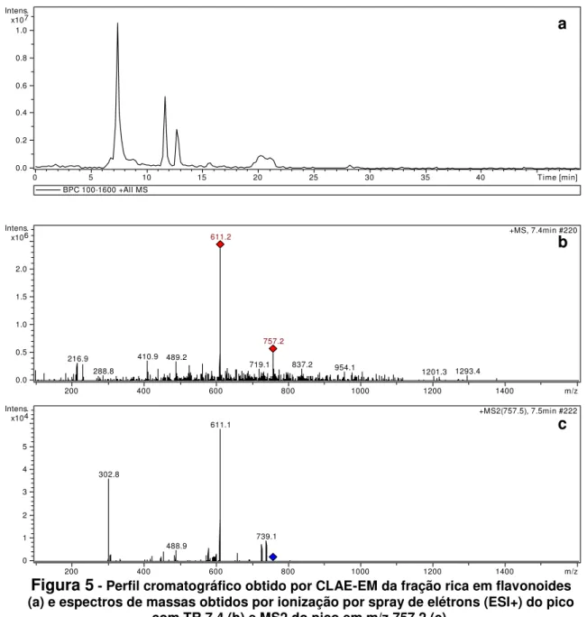 Figura 5  - Perfil cromatográfico obtido por CLAE-EM da fração rica em flavonoides  (a) e espectros de massas obtidos por ionização por spray de elétrons (ESI+) do pico 