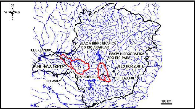 Figura 6.1 – Localização da UHE Nova Ponte e da PCH Cajuru no Estado de Minas Gerais. 