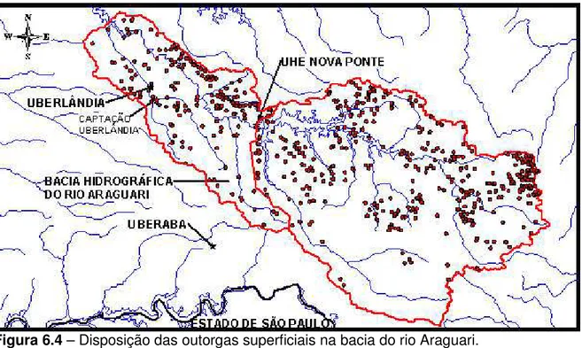 Figura 6.4 – Disposição das outorgas superficiais na bacia do rio Araguari. 
