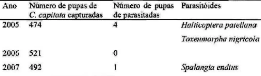Tabela  1. Nlimem  (Ie  p!..pa$  &lt;Ie  C.  capitBfa n(unem  de pupas  parasiladas e espkles de parasit6i(les capllwadas  no campo em  2005· 