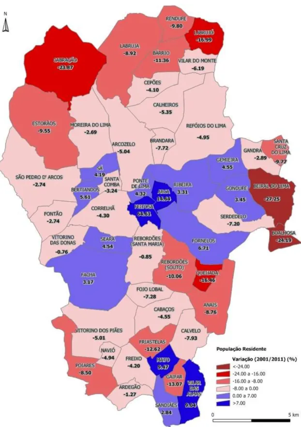 Fig.  3.5  Mapa  do  concelho  com  a  variação  percentual  da  população  residente  por  freguesia  (anos 2001/2011) 