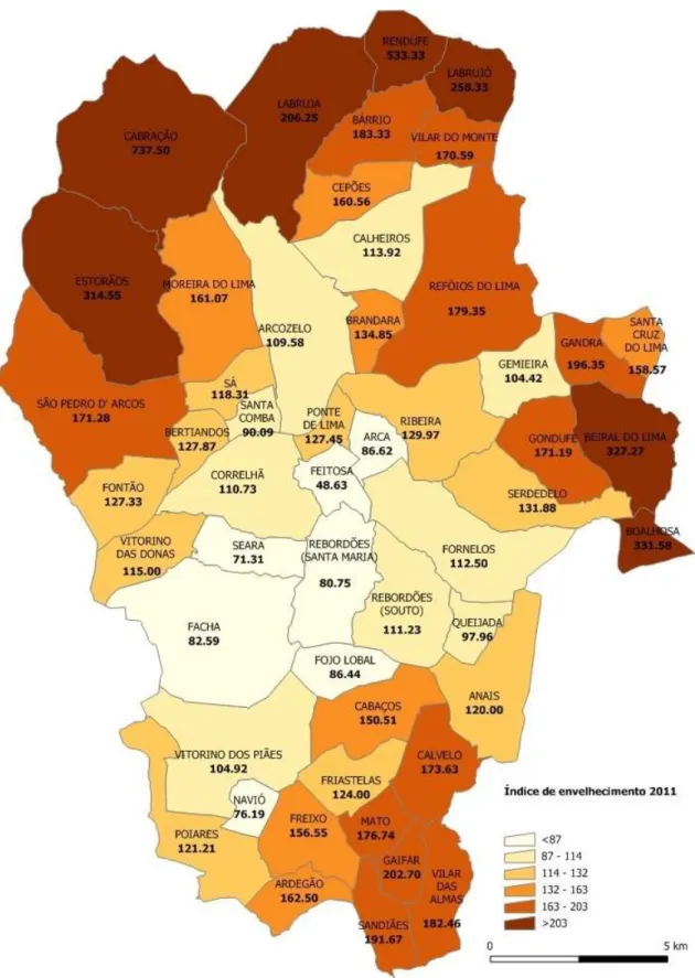 Fig. 3.8 Mapa do concelho com índice de envelhecimento por freguesia (ano 2011) 