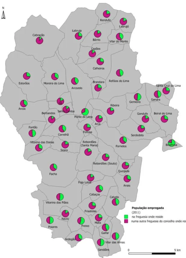 Fig. 3.12 Mapa do concelho com população empregada por freguesia de residência (ano 2011) 
