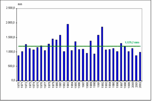 Figura 3: Gráfico 1 – Precipitação Média Anual do Município de Buritizeiro – MG (1970 – 2002)