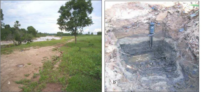 Figura 13 (a e b): A foto (a) à direita, mostra os sedimentos aluvionares areno-argilo-siltosos,  distribuídos ao longo da depressão do Rio do Formoso
