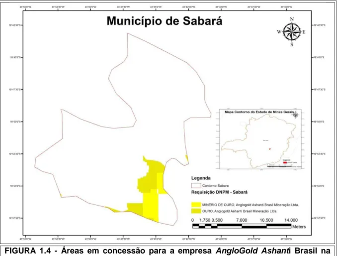 FIGURA  1.4  -  Áreas em concessão para a empresa AngloGold Ashanti Brasil na  região de Sabará