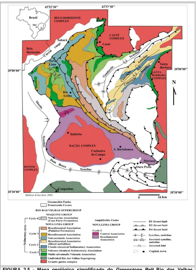 FIGURA  2.5  -  Mapa geológico simplificado do Greenstone Belt  Rio das Velhas  incluindo o Quadrilátero Ferrífero