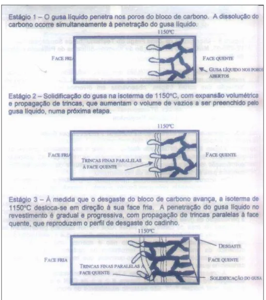 Figura 3.16 - Mecanismo de penetração de gusa nos blocos de carbono (Silva, 2000) 