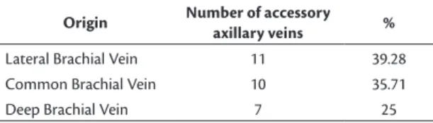Table 1. Incidence of accessory axillary vein in the cadavers studied.