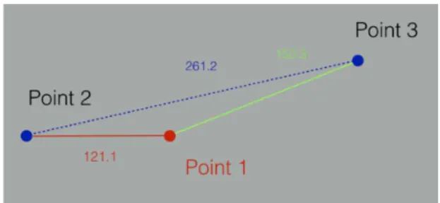 Figure 3. Schematic model produced by the plugin of the points  selected and the distance between them.