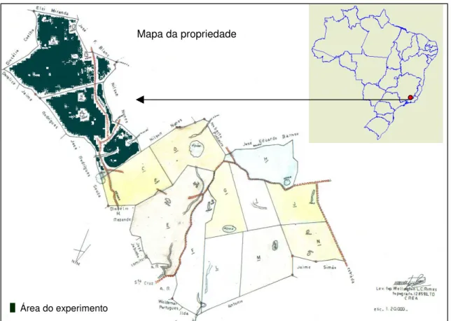 Figura 1. Localização geográfica da propriedade e área onde foi realizado o experimentoMapa da propriedade