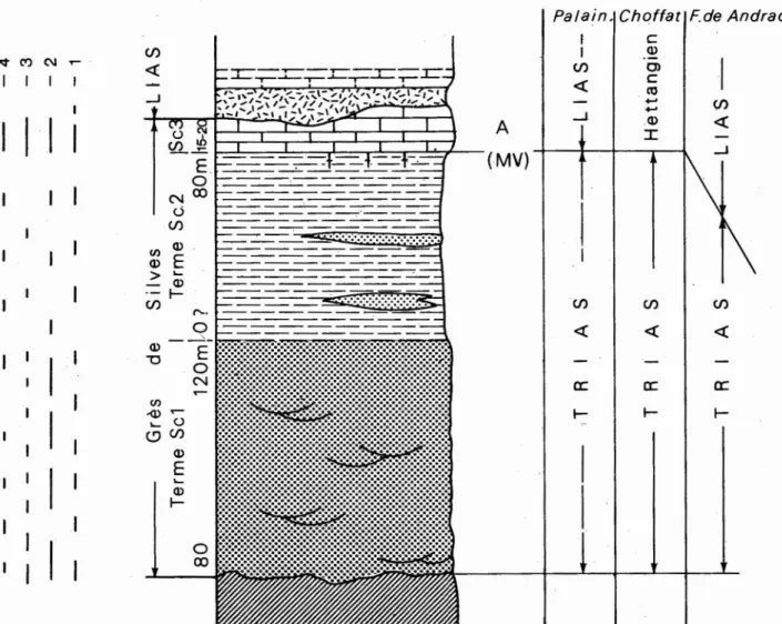 Fig. 6 - Coupe lithostratigraphique synthétisant les observations faites dans les «Grès de Silves» de l'affleurement de Santiago de Cacém