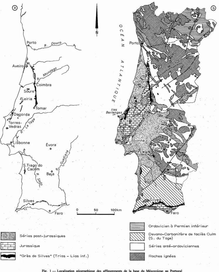 Fig. 1 - 'Localisation géographique des affleurements de la base du M ésozo ïque au Portugal