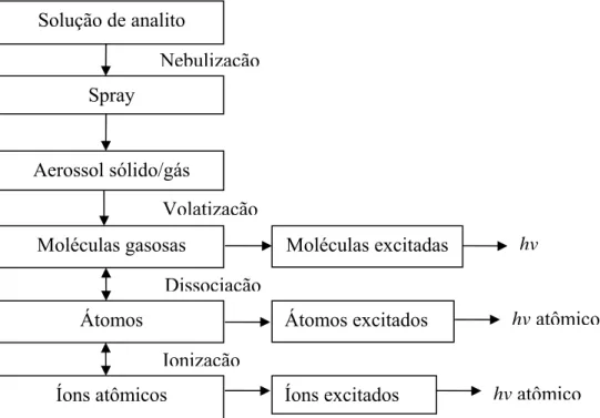 Figura 3.8  - Etapas do processo de atomização e excitação.  Fonte: SKOOG  et al.  (2002) 