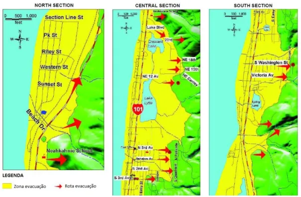 Figura 1.10 - Exemplo de mapa de evacuação em caso de alerta de tsunami em Rockaway Beach,  Oregon, EUA