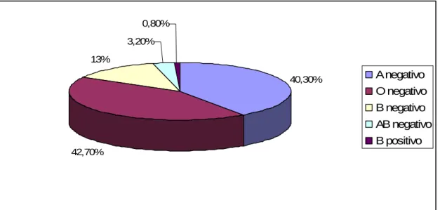 Gráfico 2 – Distribuição das gestantes isoimunizadas de acordo com o grupo sangüíneo  40,30% 42,70% 13% 3,20% 0,80% A negativo O negativoB negativo AB negativoB positivo