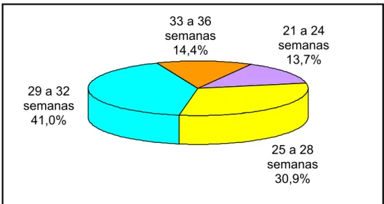 GRÁFICO 6 -  Distribuição dos casos de acordo com a idade gestacional  (em semanas) no momento da inclusão no estudo