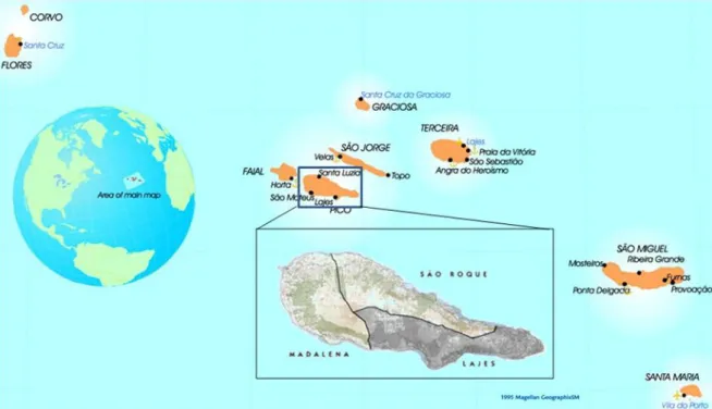 Figura 2.10.  Enquadramento geográfico da Região Autónoma dos Açores, da ilha do Pico e dos seus três  concelhos