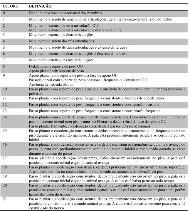 Tabela 3 - Protocolo da escala de BBB (Basso, Beatie e Bresnahan) para avaliação do desempenho locomotor,  com os respectivos escores (Basso et al., 1996) 